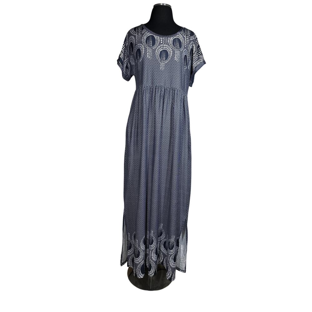 Suzanne Betro Jersey Knit Maxi Dress Pockets All Over Circular Design XL Summer